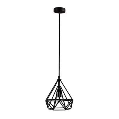 1 Light Suspension Lighting Loft Style Restaurant Hanging Pendant with Diamond Iron Cage in Black