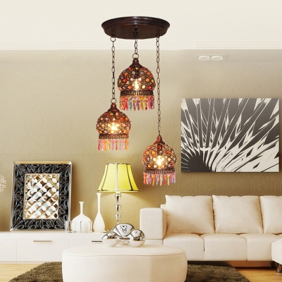 3-Light Hat Shaped Cluster Pendant Bohemia Copper Stained Glass Hanging Lamp with Round/Linear Canopy