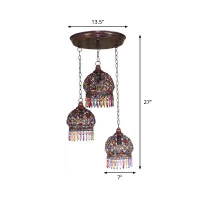 3-Light Hat Shaped Cluster Pendant Bohemia Copper Stained Glass Hanging Lamp with Round/Linear Canopy