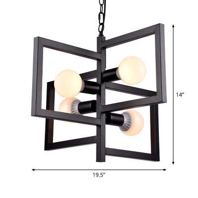 4-Head Pendant Lighting Vintage Square Frame Iron Chandelier with Exposed Bulb Design in Black