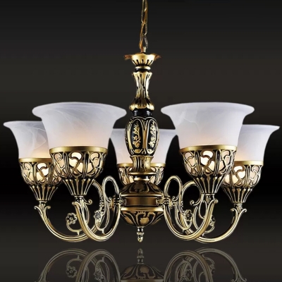 5 Lights Hanging Pendant Traditional Flared Alabaster Glass Chandelier Lighting in Bronze