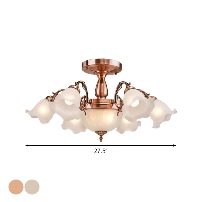 8 Lights Semi Flush Mount Chandelier Traditional Frosted Glass Ruffle Ceiling Light in Bronze/Copper