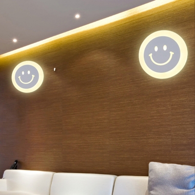 Acrylic Moon/Cat/Smile Face Sconce Light Kids Style LED Flush Mount Wall Lamp in White for Living Room