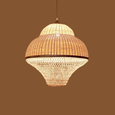 Asia 1 Bulb Pendant Lighting Beige Hand-Twisted Inverted Basket Hanging Lamp with Bamboo Shade