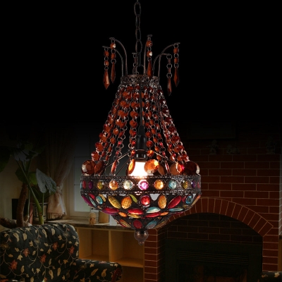 Basket Shaped Stained Glass Pendant Lamp Moroccan 1-Light Living Room Ceiling Suspension Lamp in Copper