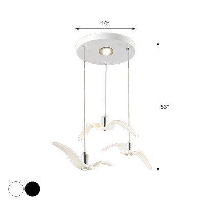 Black/White Gull Cluster Pendant Light Artistry 3-Head Resin Hanging Lamp with Round/Linear Canopy for Dining Room