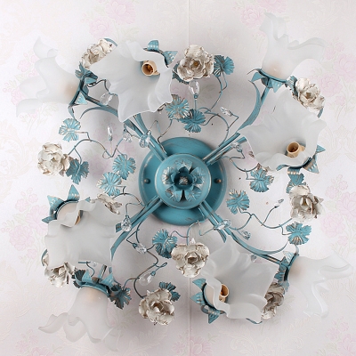 Blue 6/8-Bulb Semi Flush Mount Light Korean Garden Ivory Glass Flower Ceiling Mount Lamp