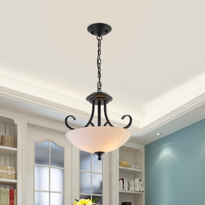Bowl Dining Room Suspension Light Rustic White Glass 3 Bulbs Black Hanging Chandelier with Scrolling Arm
