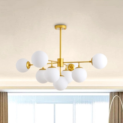 Branched Hanging Pendant Light Postmodern Cream Ball Glass 9/11-Head Black/Gold Chandelier for Guest Room