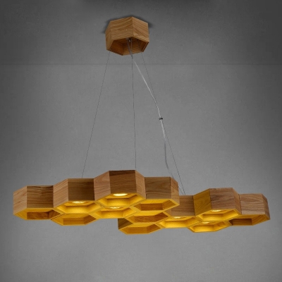 Brown Honeycomb Hanging Chandelier Nordic 6 Heads Wooden Pendant Light Fixture over Table