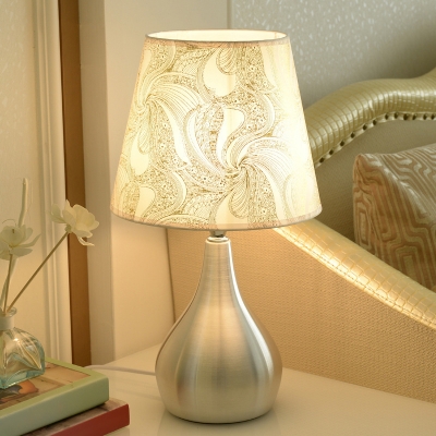 Contemporary Empire Shade Night Light Flower/Malt Grass/Cloud Print Fabric 1-Light Bedroom Table Lamp with Pear Base in Nickel