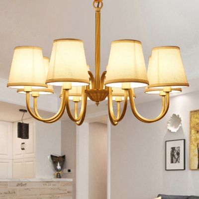 Country Style Conical Chandelier 5/6/10-Light Fabric Hanging Ceiling Light with Curved Arm in Gold