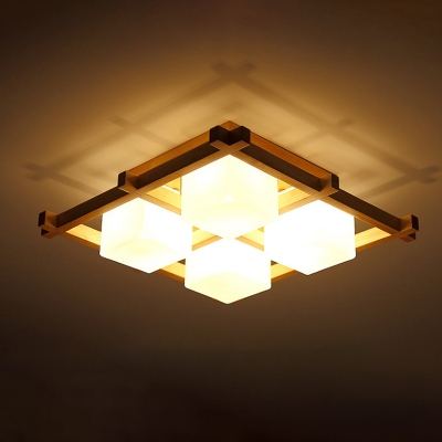 Cream Cube Glass Square/Rectangle Flushmount Nordic 4/6/9-Light Wood Semi Flush Ceiling Light Fixture