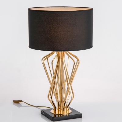 Cylindrical Night Stand Light Simplicity Fabric 1 Head Living Room Table Lamp with Open Urn Base in Black/White-Gold