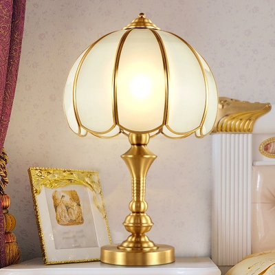 Dome Bedside Table Lamp Vintage Opal Frosted Glass 1 Bulb Brass Night Light with Scalloped Edge