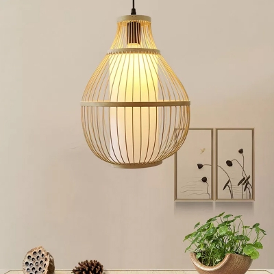 Droplet Ceiling Pendant Light Asian Bamboo 1 Head Beige/Coffee Hanging Lamp Kit over Dining Table