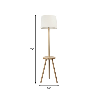 Drum Shade 3-Leg Floor Lamp Simplicity Fabric Single Wood Reading Floor Light with Table
