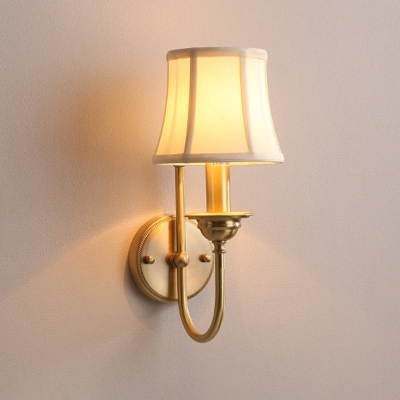 Fabric Flared Shade Wall Light Rustic Single Living Room U-Arm Wall Sconce in Gold