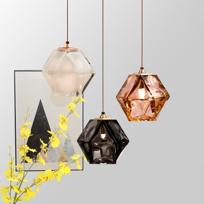 Faceted Prism Ceiling Hanging Lantern Postmodern Frosted White/Rose Gold/Smoke Grey Blown Glass Single Bedroom Drop Pendant