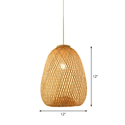 Hand-Woven Bellied/Pot/Onion Hanging Light Asian Style Bamboo 1 Bulb Beige Pendant Lighting Fixture