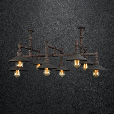 Industrial Piping Chandelier Lamp 8/11 Lights Iron Hanging Pendant with Cone Shade in Black/Rust