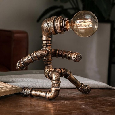 Iron Brass Night Table Lamp Piping Figurine 1 Bulb Industrial Style Nightstand Light