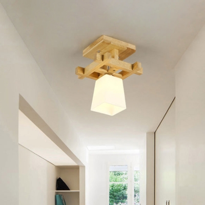 Milk Glass Trapezoid Semi Flush Light Nordic 1-Light Wood Flush Mount Ceiling Lamp in Warm/White Light