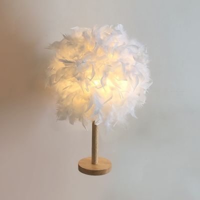Mini Globe Night Stand Lamp Simple Feather Single White and Wood Table Light for Bedroom