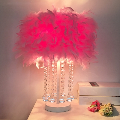 Modern Drum Shaped Night Lamp Feather 1-Bulb Bedside Table Light in Red/Pink/Purple with Crystal Drape