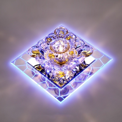 Modern Style LED Ceiling Fixture Clear Floral Flush Mounted Lamp with Crystal Shade, Blue/Warm/7 Color Light
