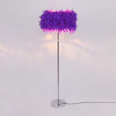Modernist Round Floor Standing Light Feather 1-Light Living Room Floor Lamp in White/Pink/Purple with Crystal Pendalogues