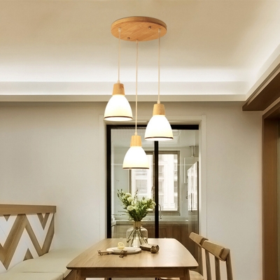 Nordic Flared/Bell/Bowl Shade Pendant Cream Glass 3 Lights Nordic Ceiling Hang Light with Round/Linear Wood Canopy