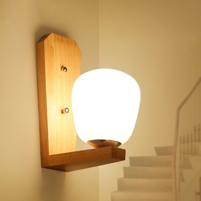 Nordic Flower Bud Shade Wall Light Opal Glass 1-Light Stairway Sconce Lighting with Wood Bracket