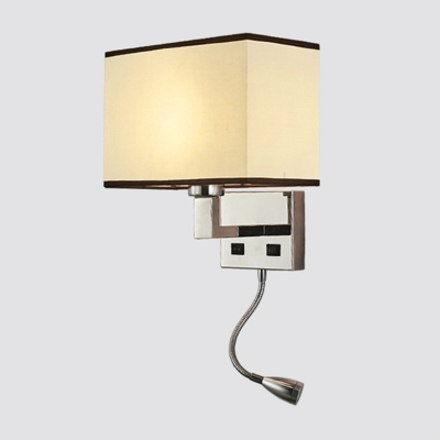 Single Bedside Wall Lamp Modern White/Beige Sconce with Rectangular Fabric Shade and Spotlight