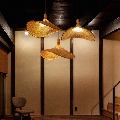 South-East Asia Hat Shaped Pendant Light Bamboo 1 Head Stairway Ceiling Hang Lamp in Beige, 19.5