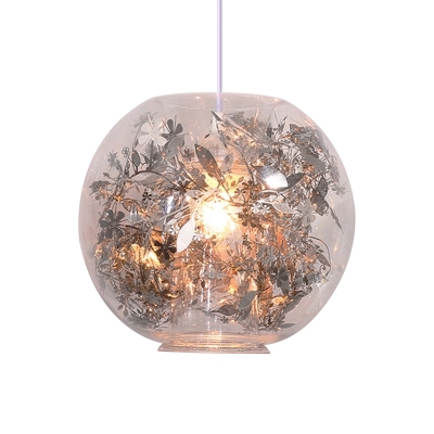 Stylish Modern Sphere Pendant Light Kit Clear Glass 1 Bulb Kitchen Down Lighting with Gold/Silver Flower Foil Flakes
