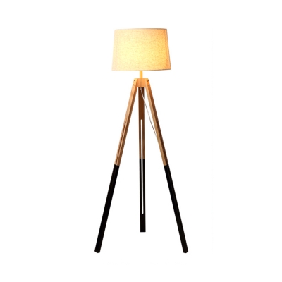 Three-Legged Standing Floor Lamp Nordic Wood 1-Light Black/White Reading Floor Light with Round Fabric Shade