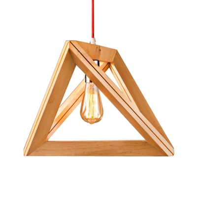 Triangular Pyramid Wood Suspension Lamp Minimalist 1 Bulb Beige Hanging Pendant, 12.5