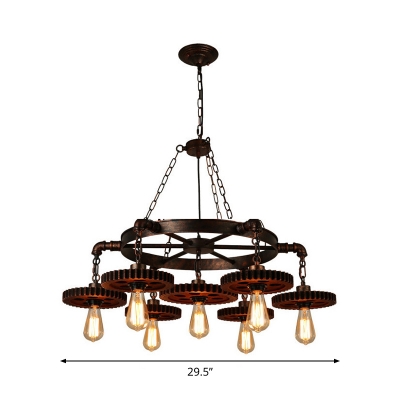 Wheel Bistro Ceiling Chandelier Industrial-Style Iron 1/3/7-Head Antique Bronze Hanging Light with Wood Gear