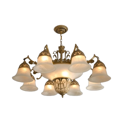 11 Heads Morning Glory Chandelier Antique Bronze Opaline Frosted Glass Suspended Lighting Fixture