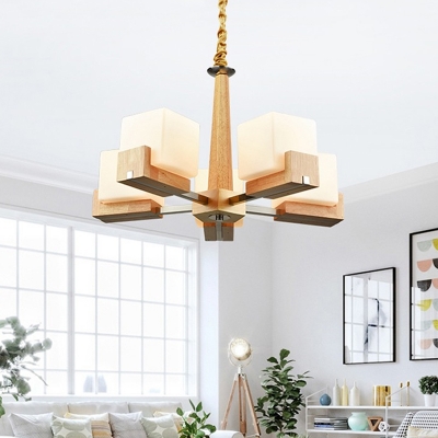 3/5/8-Head Kitchen Dinette Chandelier Nordic Wood Branched Suspension Lamp with Cube Acrylic Shade, Chain/Flushmount