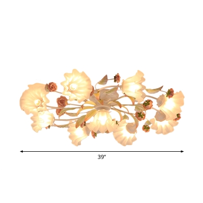 4/7/11 Heads Semi Flush Ceiling Light Korean Garden Bedroom Flushmount with Flower Frosted Glass Shade in White