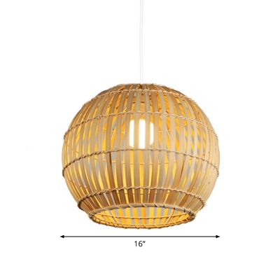 Bamboo Stripe Spherical Hanging Light Asian 1-Light Beige Down Lighting Pendant, 12