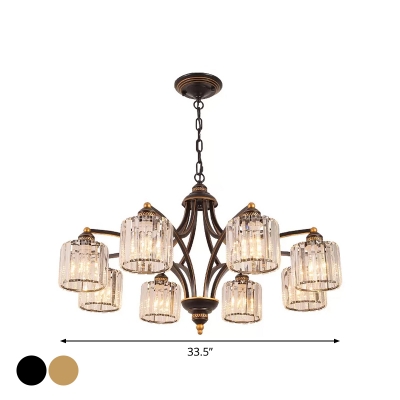 Black/Gold 6/8 Heads Chandelier Lamp Vintage White Glass/Clear Crystal Bell/Cylinder Hanging Light Kit for Living Room