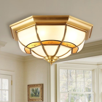 Brass Bowl Ceiling Mount Lamp Antiqued Opal Frosted Glass 3/4/6 Lights Bedroom Small/Medium/Large Flush Light
