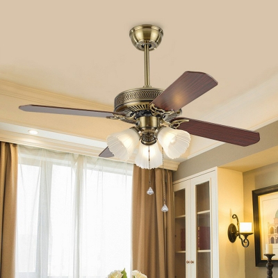 Cone Bedroom Semi Flush Mount Lighting Rural Frosted Glass 3-Bulb Gold Pull Chain Hanging Fan Light with 4 Blades, 42