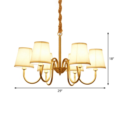 Country Style Conical Chandelier 5/6/10-Light Fabric Hanging Ceiling Light with Curved Arm in Gold