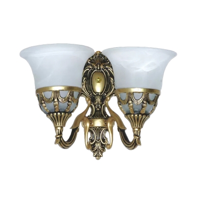Cream Alabaster Glass Flared Wall Light Vintage 2 Bulbs Parlor Wall Mount Fixture in Bronze