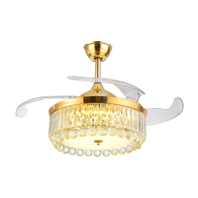 Crystal Drum Semi Flush Light Luxurious Modern Gold 4-Blade LED Hanging Fan Lamp, 19