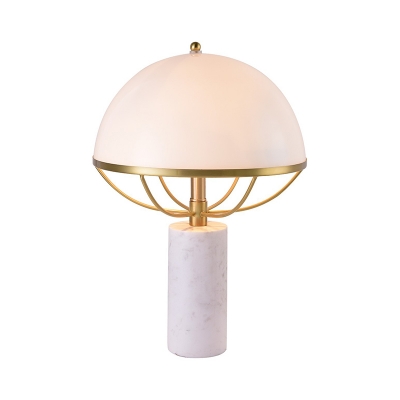 Designer Umbrella Shaped Table Light White Glass 2-Bulb Living Room Nightstand Lamp in Gold with Cylinder Marble Base